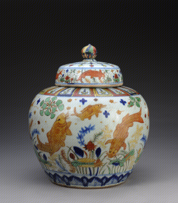 Covered Jar with Polychrome Designs of Carp and Aquatic Foliage
